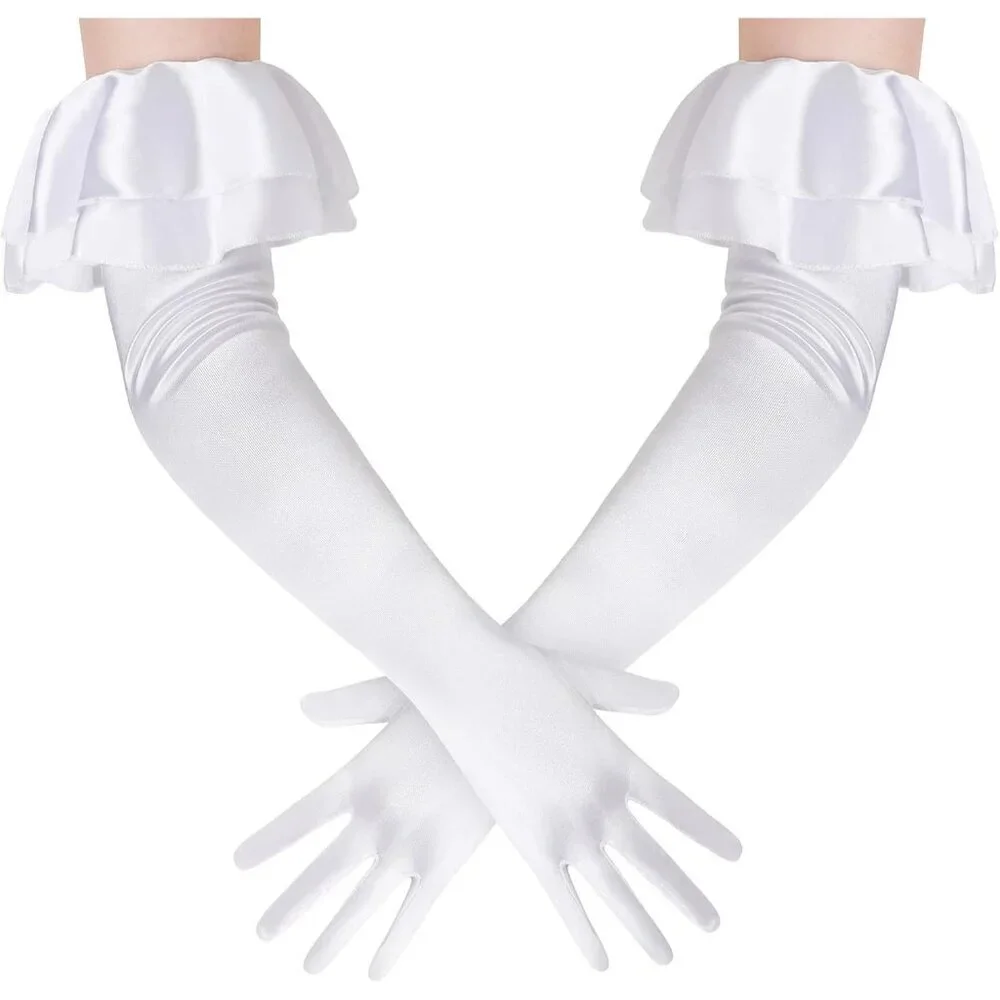 Women's White Long Satin Ruffle Cuff Stretchy Sleeves Gloves Wedding Costume